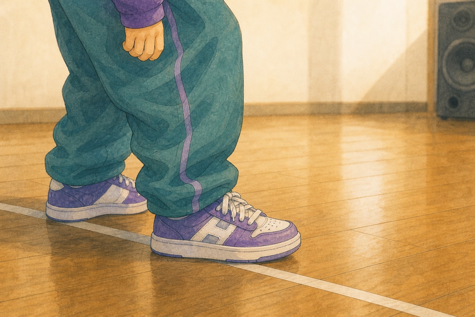 ダンスサークルの端で緊張と興味を抱えながら見つめる子供を描いたストリートダンスのイラスト