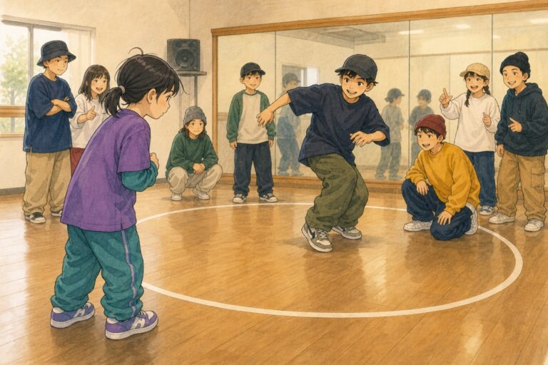 少し緊張しながらダンスサークルへ一歩入ろうとする子供を描いたキッズダンスのイラスト