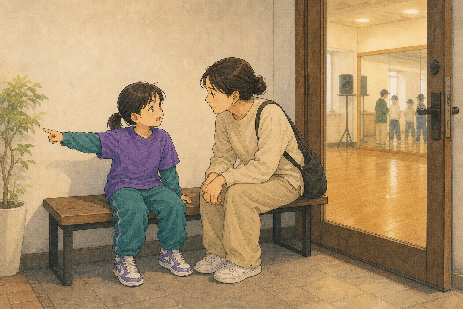 子供が自分でダンスサークルへ近づく一歩を見守る保護者を描いたイラスト