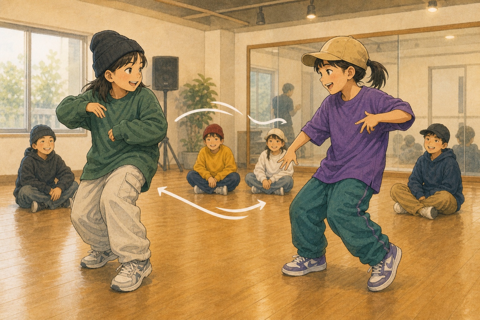 仲間の応援の中で笑顔でダンスバトルを楽しむ子供たちを描いたヒップホップのイラスト