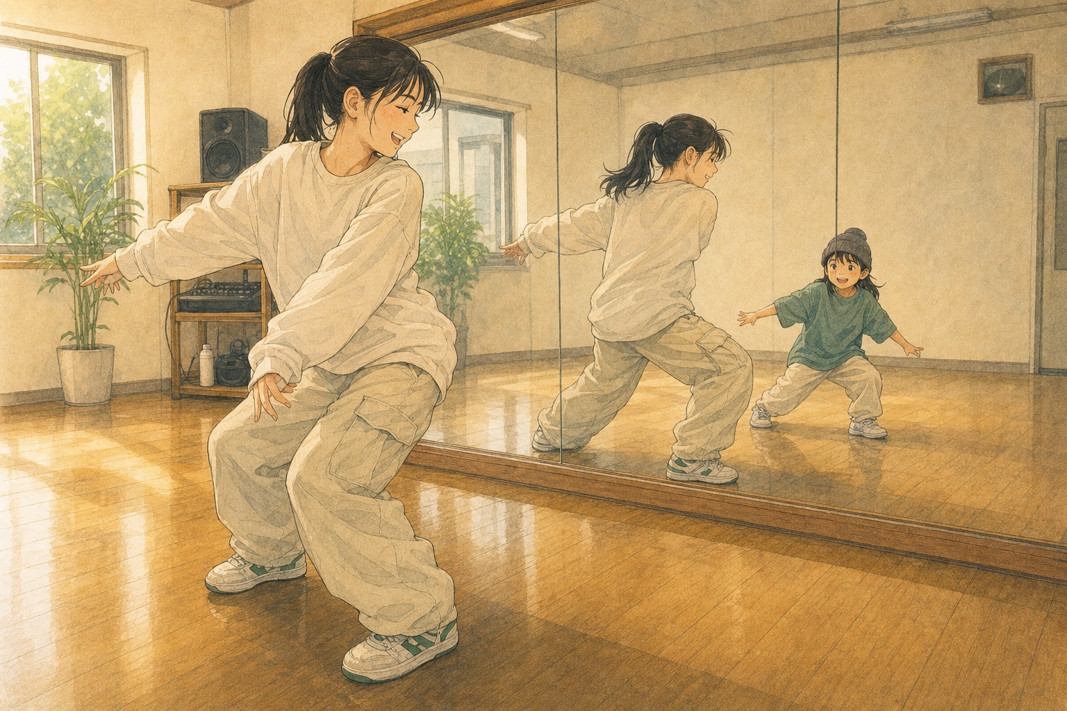 年上のダンサーが仲間を応援する姿からヒップホップの文化を学ぶ子供を描いたイラスト