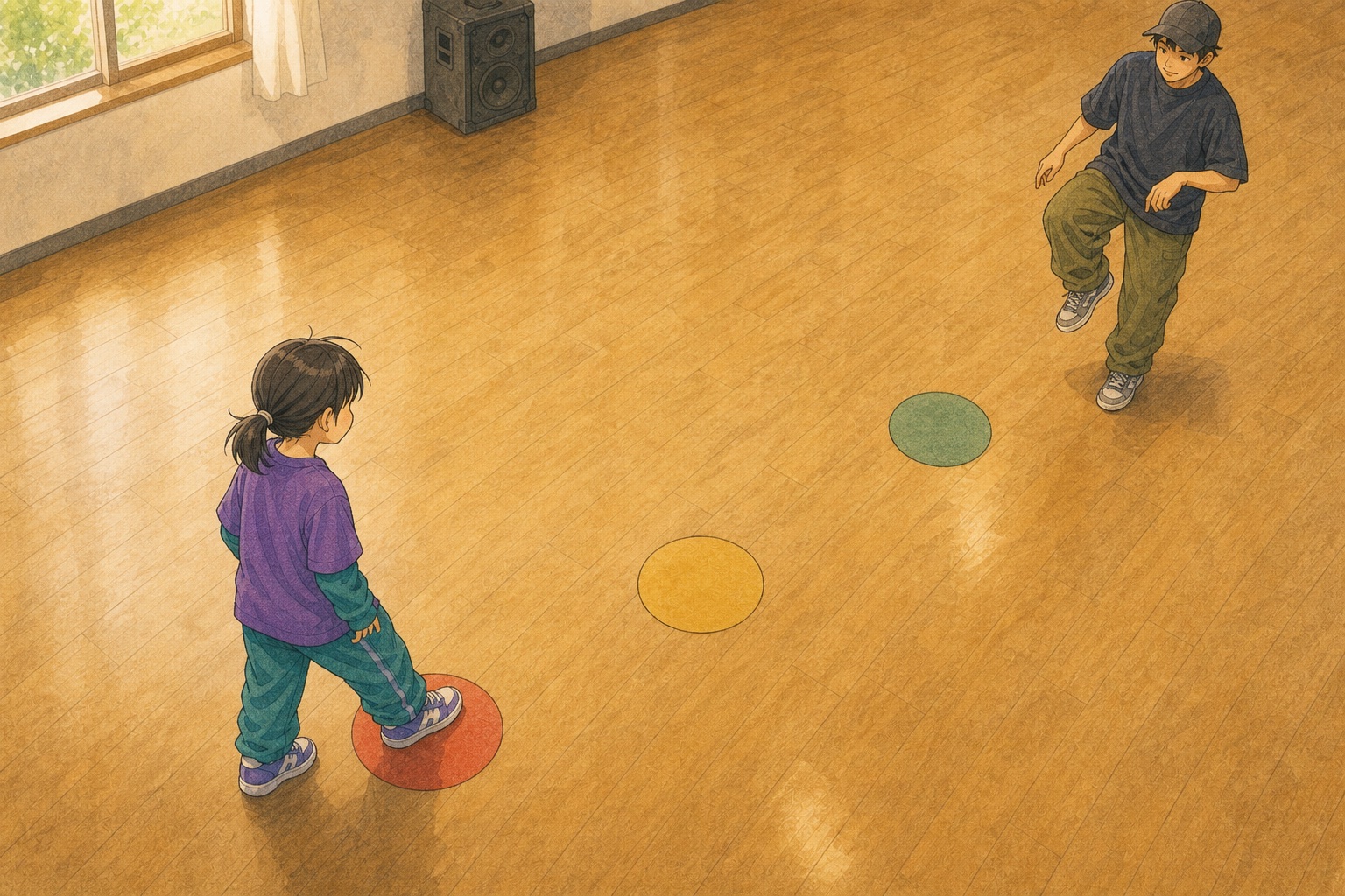 友達に見守られながらダンスサークルへ小さな一歩を練習する子供を描いたイラスト