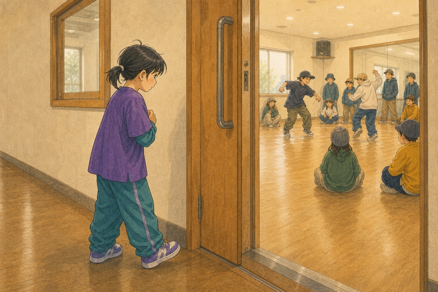 怖さを感じながらもダンスサークルから離れず見続ける子供を描いたイラスト
