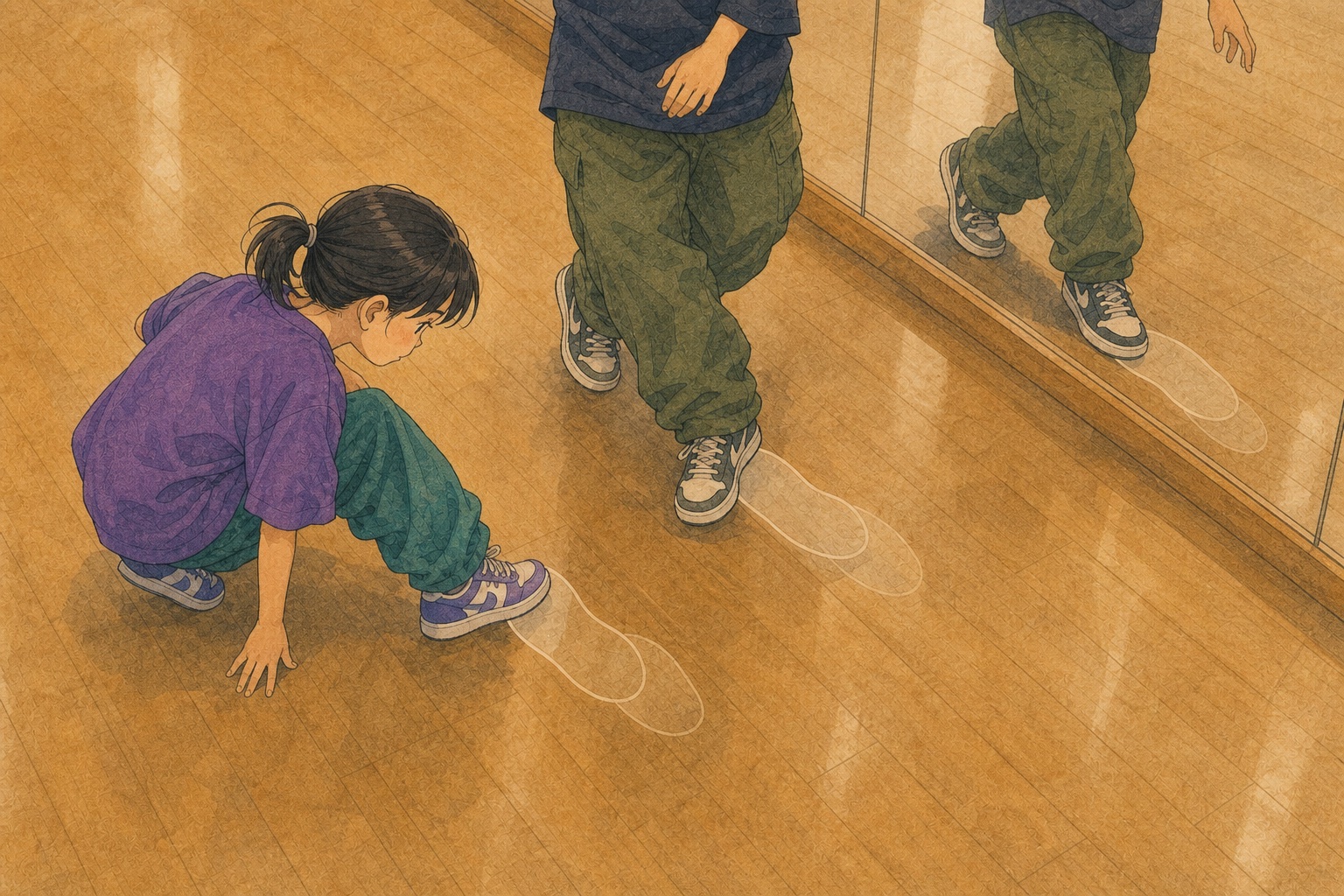 大きい子のヒップホップダンスを夢中で見て動きを真似する子供を描いたイラスト