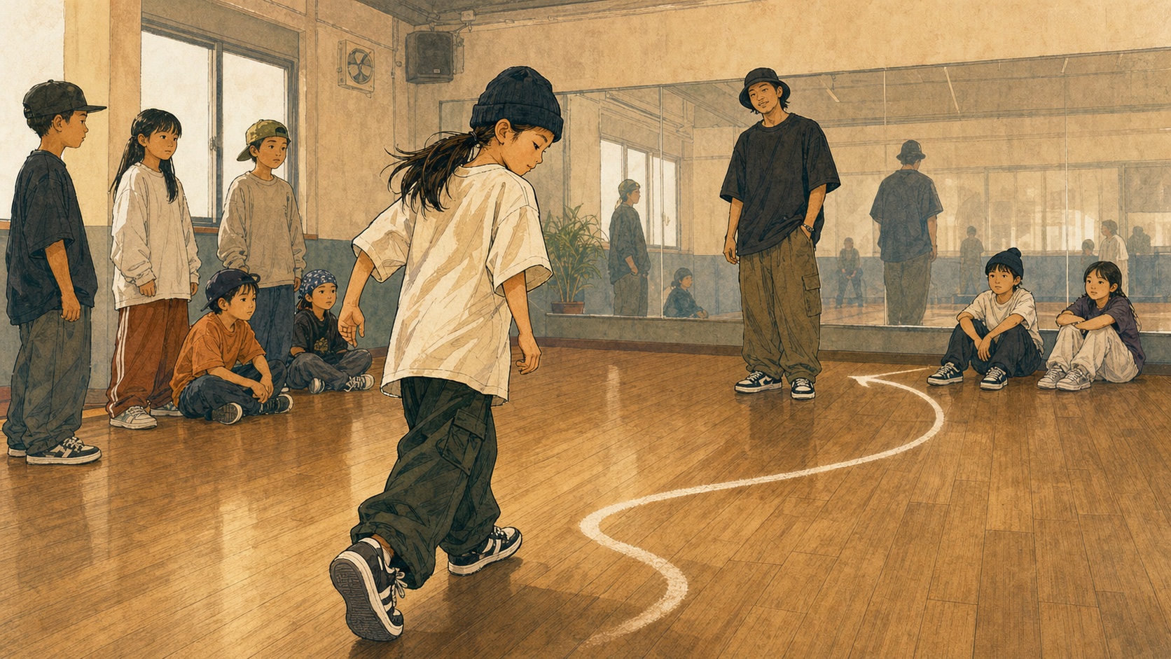 踊り出す前の入り方から空間を使う感覚を描いたキッズダンスのイラスト