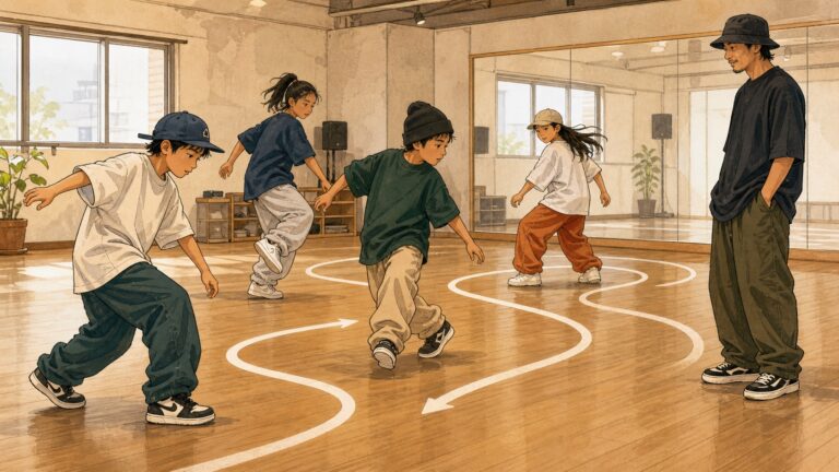 子供のダンスで空間に道を描く感覚を描いたキッズダンスのイラスト