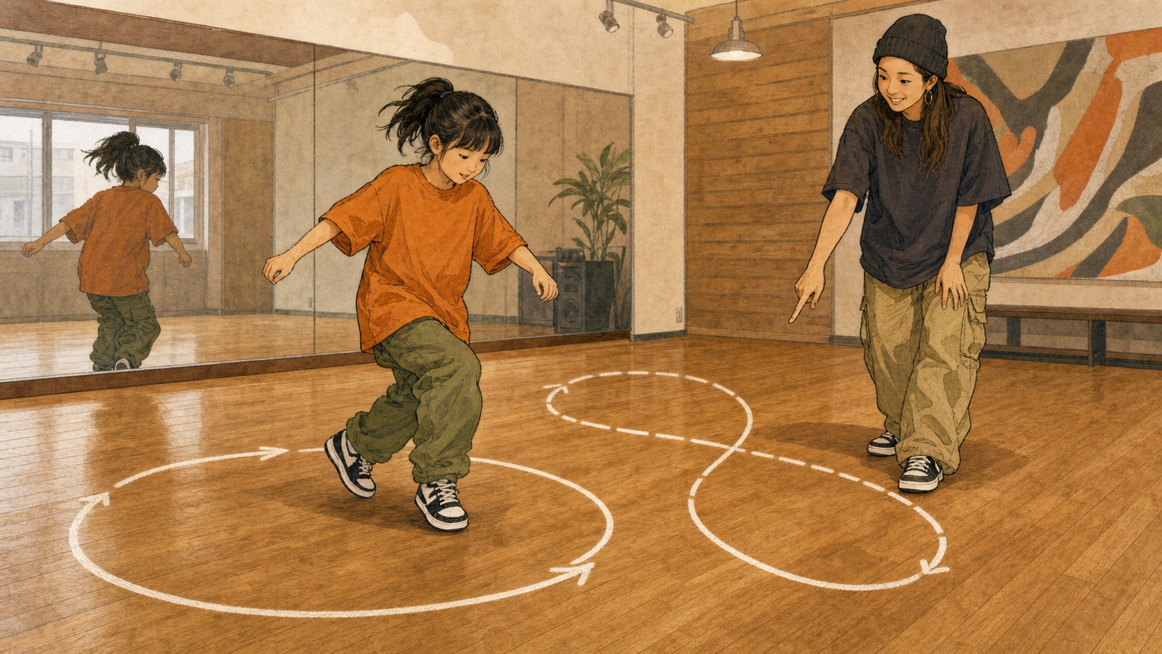 同じステップでも通る道で見え方が変わることを描いたキッズダンスのイラスト