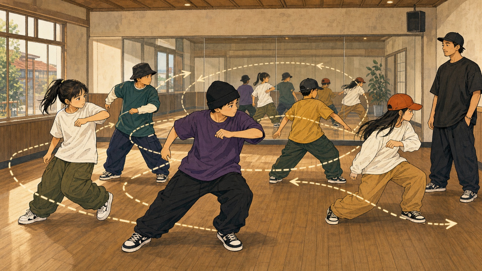 前後左右と奥行きまで空間を意識して踊る子供を描いたキッズダンスのイラスト