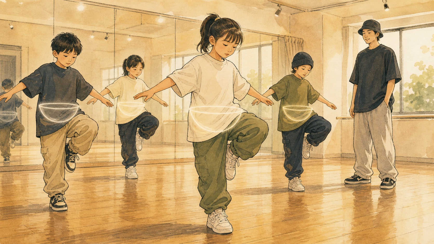 身体の器が育つ片足バランスを描いたキッズダンスのイラスト