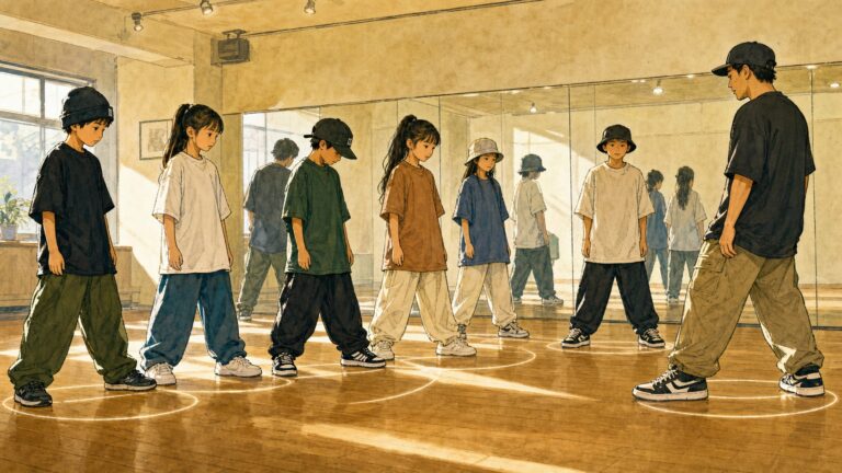 踊る前の立ち姿に今の状態が出ることを描いたキッズダンスのイラスト