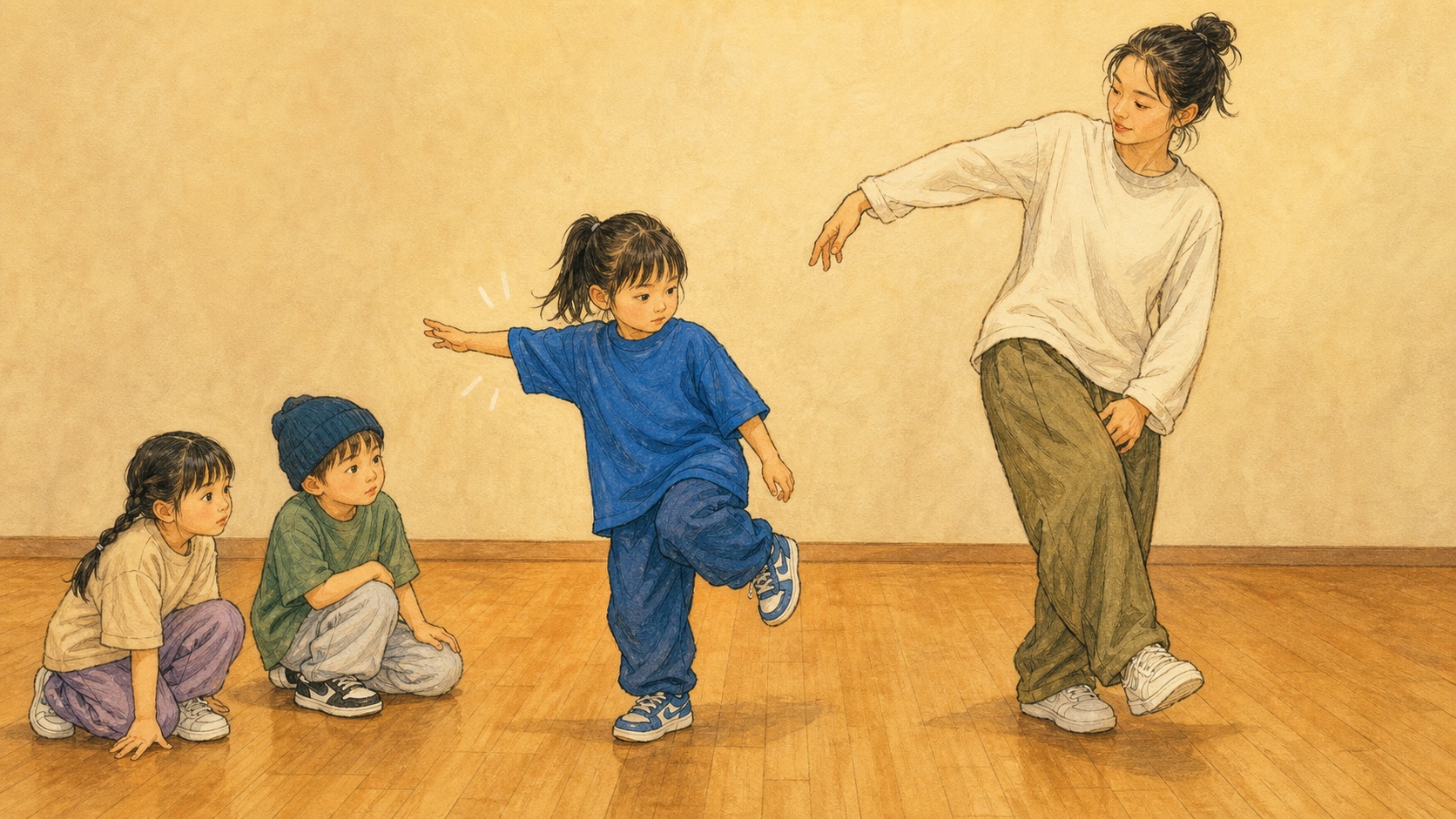 バランスを守ろうとして片腕に力が集まる子供を描いたダンスのイラスト