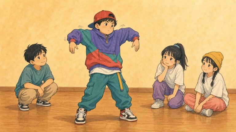 一生懸命踊ろうとして肩や腕が固くなる子供を描いたキッズダンスのイラスト