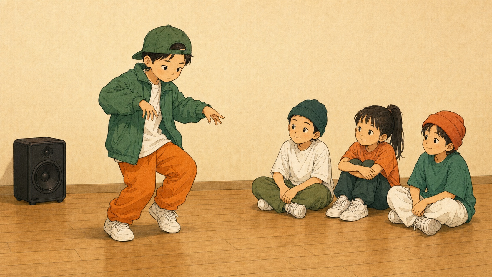 正解を考えすぎて身体の動きが小さくなる子供を描いたストリートダンスのイラスト