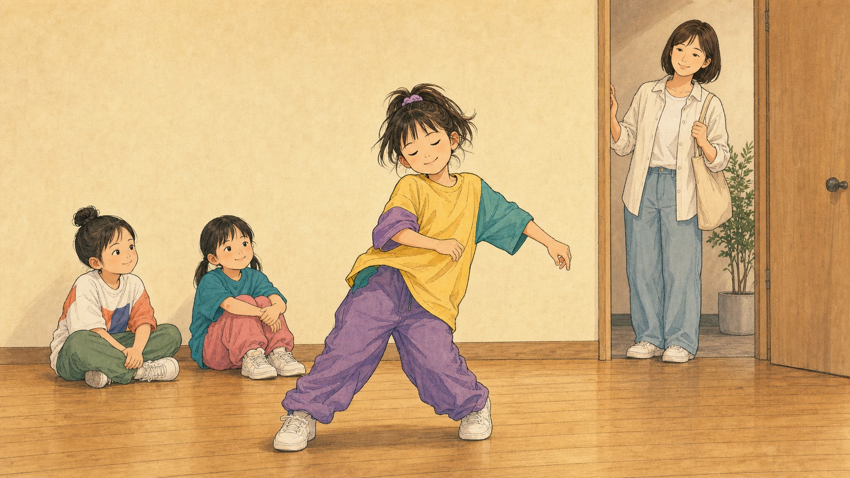 力ませず子供の身体の変化を見守る保護者を描いたキッズダンスのイラスト