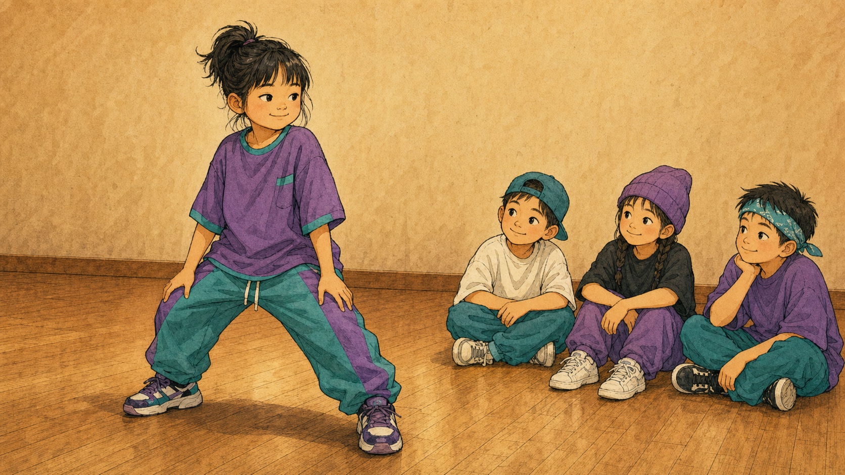 自分の立ちやすい場所を見つけて身体がほどける子供を描いたイラスト
