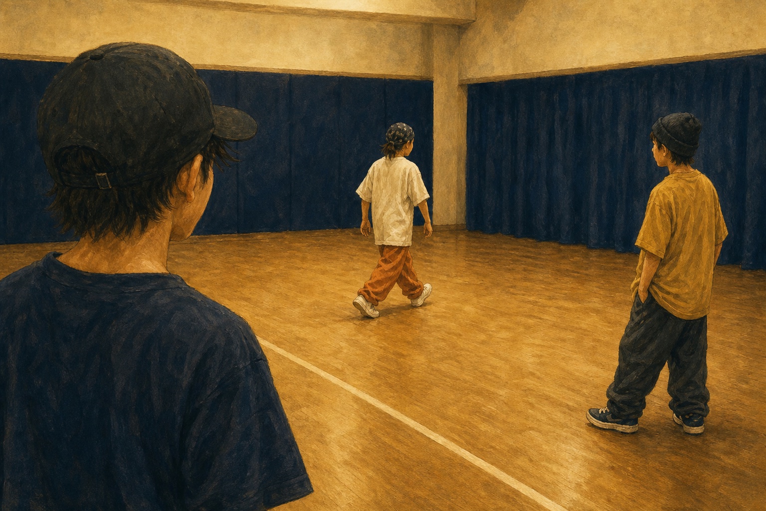 後攻を待つ仲間の前から先攻へ踏み出す子供を描いたイラスト