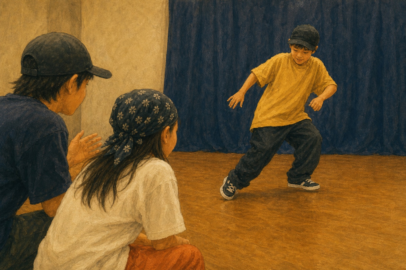 本氣で踊る子供へ仲間の応援が自然に集まる場面を描いたイラスト
