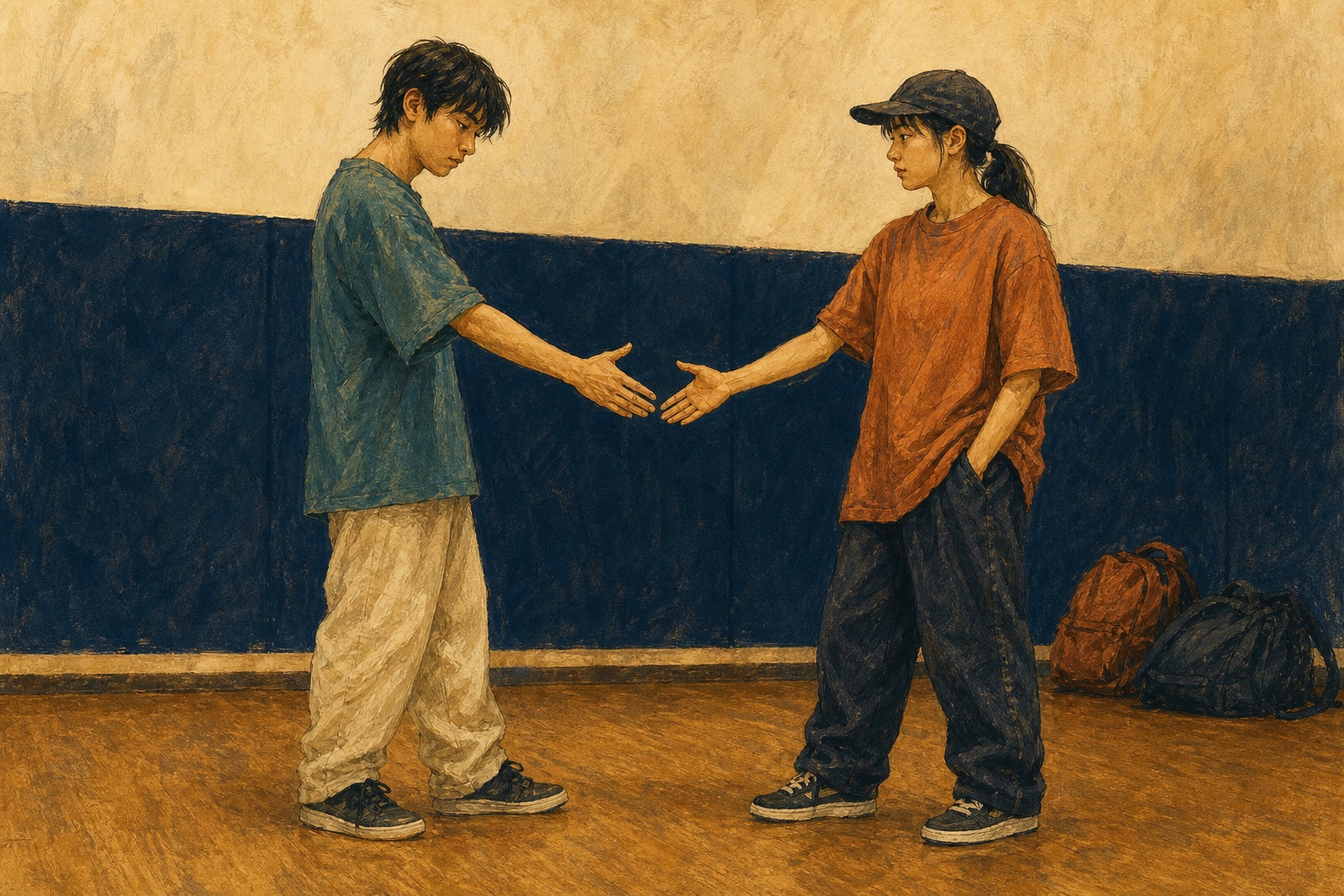 バトル後に相手と向き合い次の練習へ戻る二人を描いたイラスト