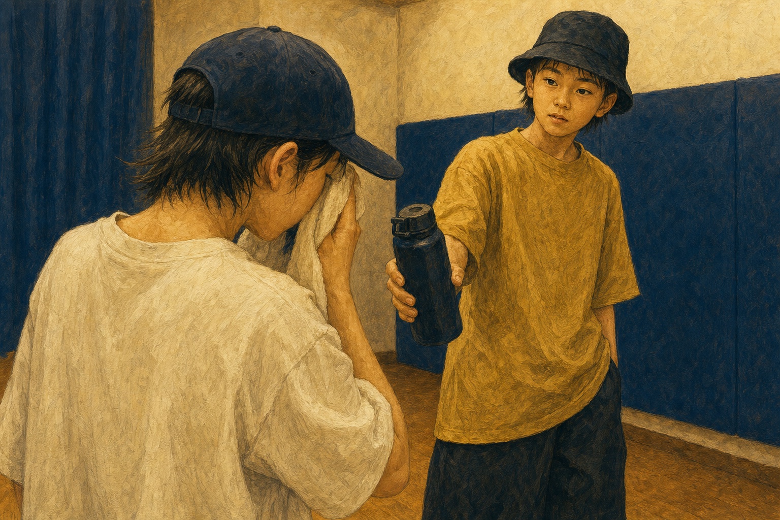 自分の番でなくても仲間の挑戦へ氣を送る子供を描いたイラスト