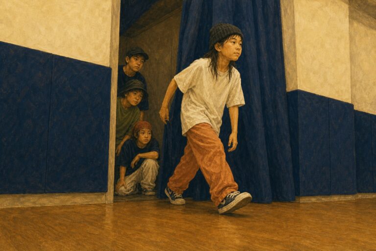 ダンスバトルで誰より先に床へ一歩を出す子供を描いたイラスト